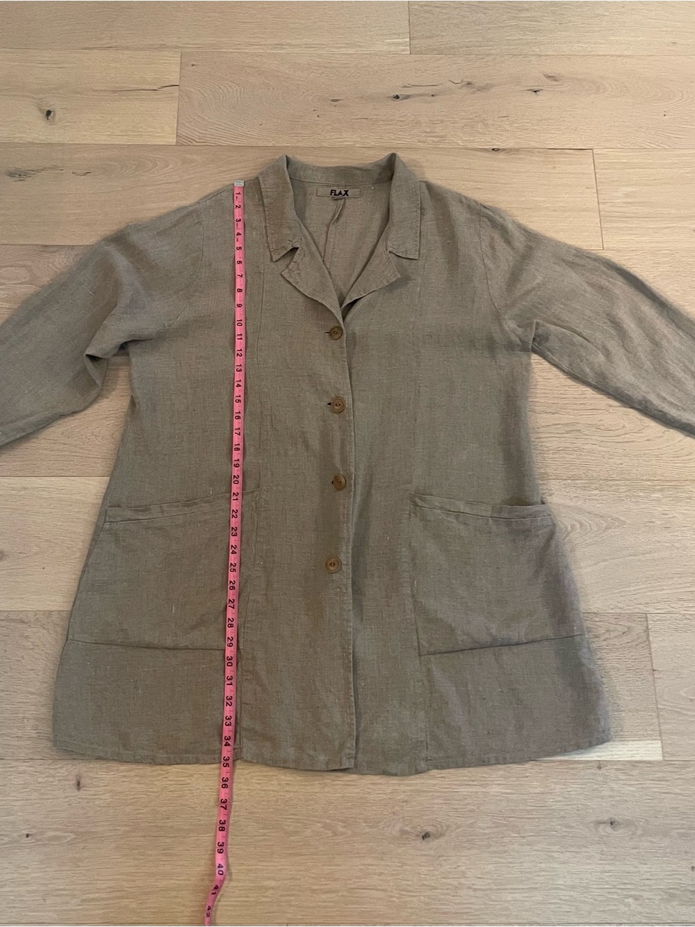 Flax Lagenlook Taupe/Beige 100% Linen Button Front Jacket Artsy Flowy Boho L - Picture 9 of 9